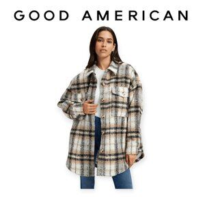 Good American Cabincore Oversized Plaid Shacket Neutral Layering XS/S NWT